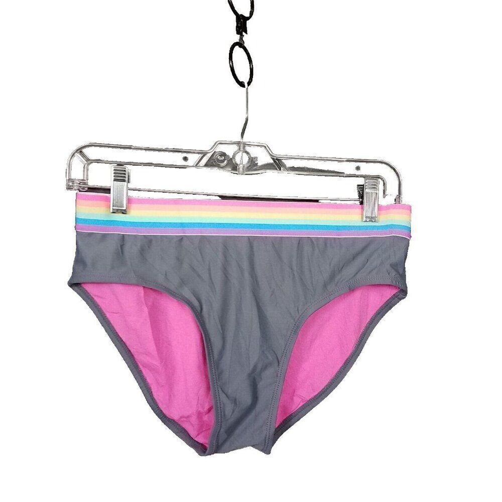 Justice 12 Plus Gray Bikini Bottoms Colorful Stripes Swimming Suit Bottom Only